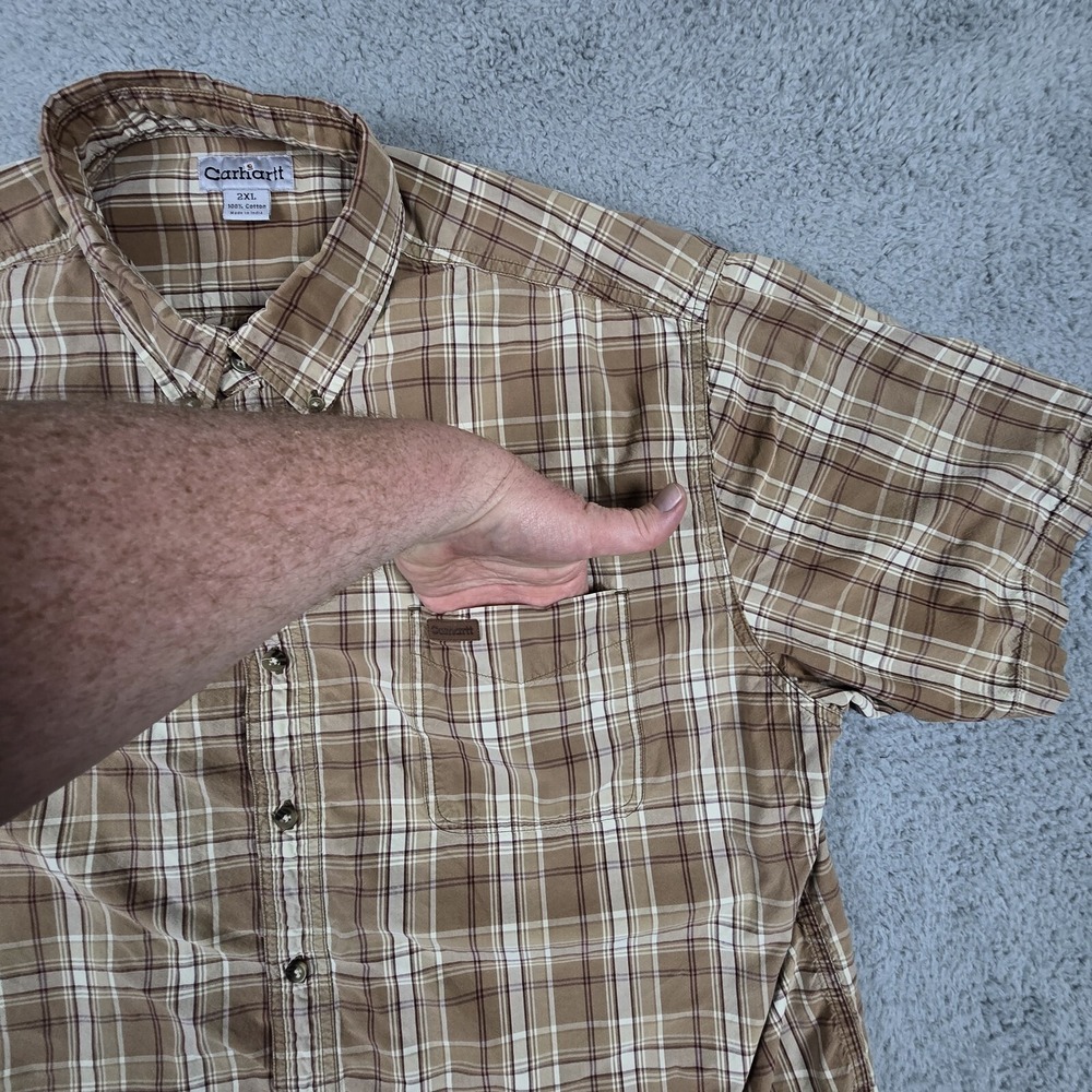 Carhartt Shirt Mens 2XL Brown Plaid Short‎ Sleeve Workwear Button Up XXL - Picture 6 of 13